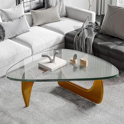JMOZHCD Table Basse Moderne, Table Basse Triangulaire de Salon, Base en Bois Naturel avec Plateau en Verre Triangulaire, Table Basse Triangulaire (Clear Glass+Walnut 91 * 65 * 40cm)