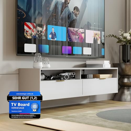 TV-Board Queen (Weiß, Q140) – Fernseh-Lowboard & Schrank mit Kabelmanagement – Sideboard für Wohnzimmer | TV-Tisch, Kommode, Fernseh-Regal | Modern Living Room Cabinet