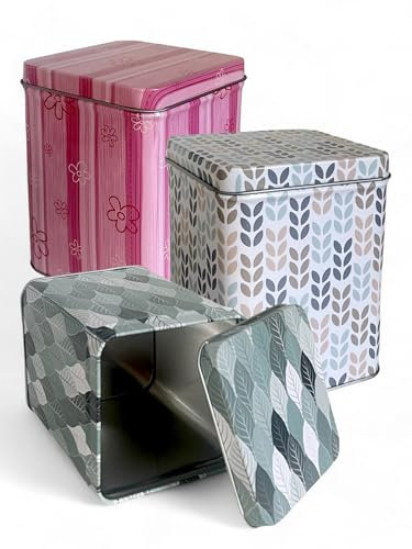 vienberg 3 Stück Blech Geschenkdose | Metall Keksdose, Teedose, Vorratsdose Quadratisch mit Motive 11cm hoch, Geschenkbox, Stülpdeckeldose Metall Aufbewahrungsbox (Mix)