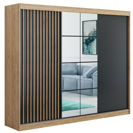 KEF-MEBLE Roco 250 Schiebetürenschrank mit 3 Türen, modernem Lamellendesign, vielen Regalen, Kleiderstangen und großem Spiegel, Craft Gold/Klar, 250x215x61 cm