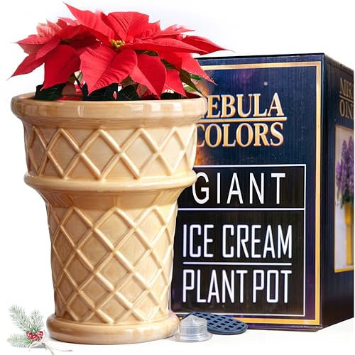 Nebula Colors Divertida y única maceta gigante de cono de helado y jarrón peculiar de cerámica grande de 12 pulgadas de alto para interiores y exteriores, perfecto para múltiples plantas o arte de