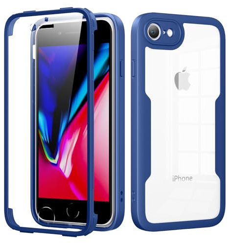 Phoona Cover per iPhone 7/8/SE2022/SE2020 con Pellicola Protettiva Trasparente, Antiurto Silicone TPU Custodia 360 Gradi Full Body Protezione, AntiGraffio Robusta Cover per iPhone 7/8, Blu