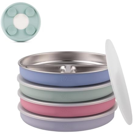 Elk and Friends Kids Stainless Steel Divided Plates with Silicone Suction Sleeves + Lid | Suitable for Babies/Toddlers | Dishwasher Safe | Stay Put Dinnerware | Snack Dishes | 4 Pack
