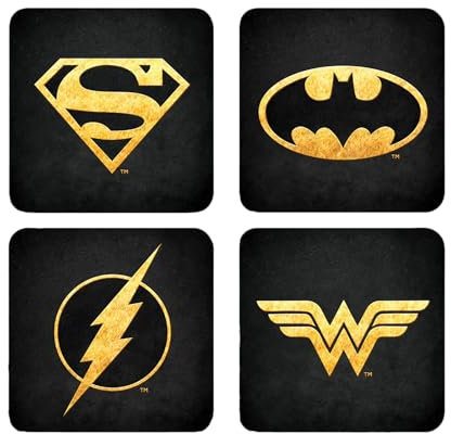 Elbenwald Set de 4 Posavasos con diseño del Logo de DC Comics - Idea de Regalo - Posavasos Cuadrados - para Todo Tipo de Tazas - Multicolor - Corcho, plástico