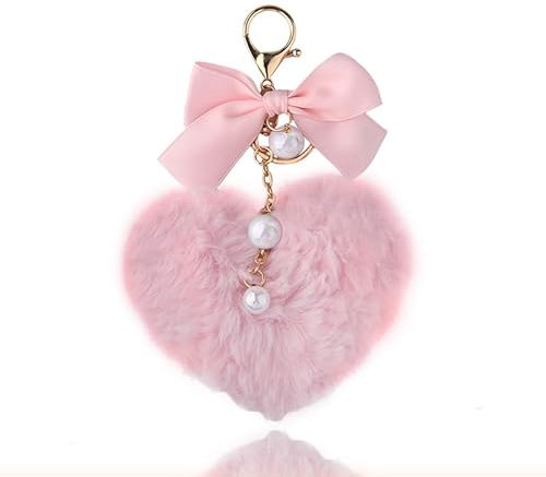 Guqqeuc Porte-clés pelucheux en fausse fourrure pour clé de voiture, sac, accessoires pour téléphone, sac à main, cœur rose, S