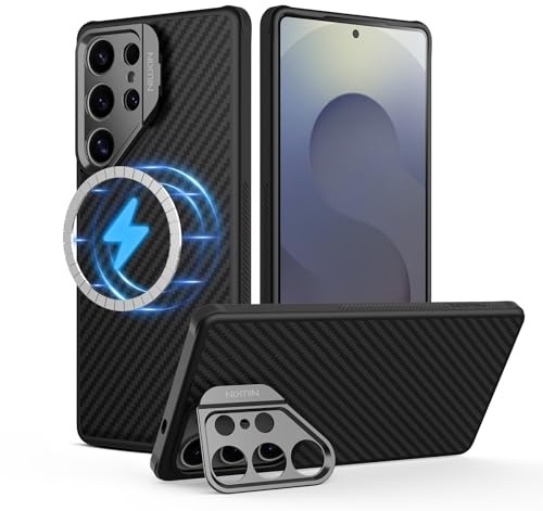 Nillkin Aramidfaser Magnetisch Case für Samsung Galaxy S25 Ultra Hülle, Kameraschutz Ständer Handyhülle Stoßfeste Schutzhülle für Galaxy S25 Ultra Case - Schwarz (Camera Cutout Version)