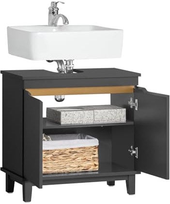 SoBuy Waschbeckenunterschrank - Badezimmerschrank mit Türen - Unterschrank für Waschbecken, schmales Badmöbel aus Holz für kleine Räume, Dunkelgrau, 60 x 59 x 30 cm, BZR113-DG