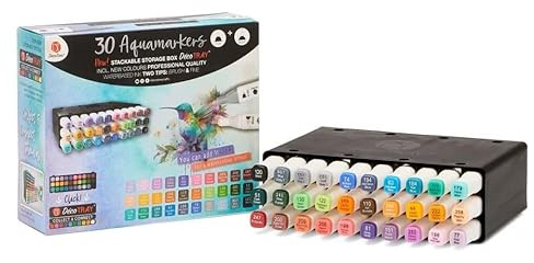 Decotime Aqua Markers with Stackable Deco Tray, 30 Pack | 30 Dual-Tip Watercolour Brush Pens, Non-Toxic for Kids 3+, Fine & Brush Tips, for Art & Illustration