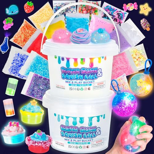 Highttoy Kit Slime y Squishy Luminoso Bricolaje, 300ml Slime Cristal & 300ml Mantequilla Slime Kit Avec 25 Complementos, Juguetes Sensoriales Antiestrés Bolas Squish Slime para Niños