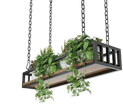 LXJBBD Floating Shelves for Plants, Ceiling Hanging Flower Pot Stand with Iron Chain and Frame, Wooden Kitchen Storage Rack, Wine Holder for Balcony and Bar