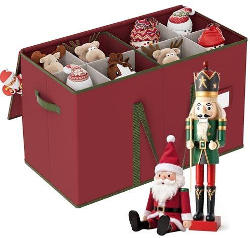 XIVIRACK Aufbewahrungsbox für Weihnachtsfiguren für 38 cm große Figuren und Nussknacker, 8 Schlitzen und 2 Taschen, Doppelreißverschlüssen, 600D Oxford, 63 x 31 x 38,5 cm, Rot