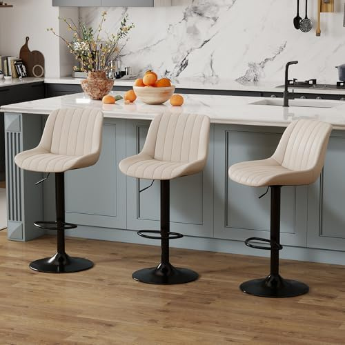 Youhauchair Barhocker 3er Set, Drehbare Barhocker mit Lehne, Beige | 20 cm Höhenverstellung, Ergonomisch gebogener Sitz, trägt bis zu 150 KG, PU-Leder, mit Lehne, 360°-Drehung