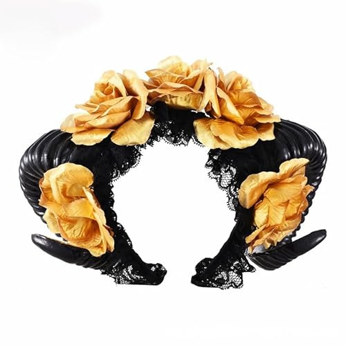 Tnxpumi Halloween Croissant Headgear Sheep Antlers Ram's Horns Headband Studio Props Goth Festival Hair Band Accessories (gold rose)