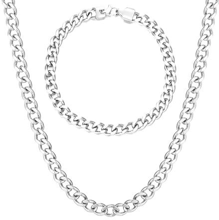 KIM JOHANSON® Edelstahl Herren Panzerkette Set in Silber | Armband und Halskette | Breite Kette für Männer | Wasserfest | Dicke Armkette | Verschiedene Längen | 6mm Breit | Massive Silberkette (45 CM)