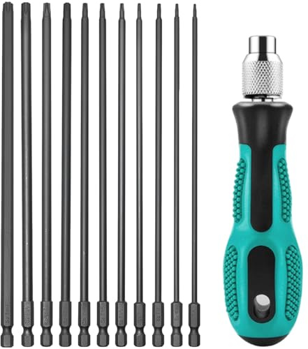 Eulihent 12 Pezzi Cacciaviti Torx Lunghe 200mm con Foro, in Acciaio S2 T6-T40 con Manico a Sgancio Rapido Punte Cacciavite Adatte per Trapano Avvitatore con Albero Esagonale da 1/4