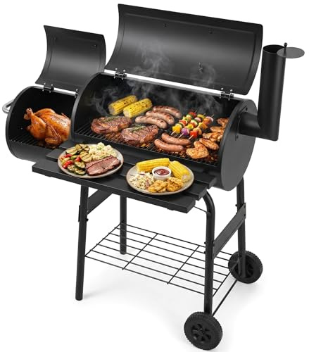 Charcoal BBQ Drum Barrel Grill,2 in 1 Barbeque and Smoker, Large Portable Drum Barrel with Fold Down Shelves, Temperature Gauge, Wheels, Cooking Grill, Air Vents For Garden Outdoor Cooking