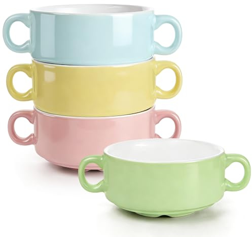 Ramekins Set of 4, Porcelain Soup Bowls Double Handle, Small Baking Dishes | Porcelain Ramekins, Oven Safe, Dishwasher Safe, 300ml Capacity for Soups, Breakfast, Dessert, Pudding, Ice Cream(Color )