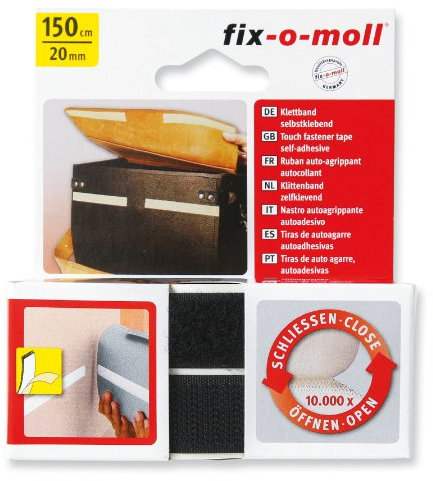 Fix-O-Moll Klettband 150 cm x 20 mm, Schwarz, Selbstklebend, Industriell