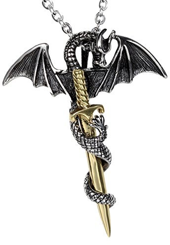 Cupimatch Herren Edelstahl Halskette, Gotik Drachen Schläger mit Schwert Kreuz Anhänger mit 55cm Kette Halsband, silber gold