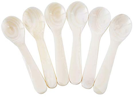 DUEBEL Ensemble de 6 Cuillères à œufs Nacre de Rivière Fait Main de Haute qualité Cuillère à Caviar Pour Caviar, Oeufs, Crème Glacée, Café (Blanc, 7 x 2.1 cm)