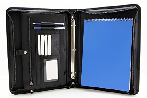 Noda Padfolio Portfolio-Ordner, mit Reißverschluss Interne Halterungen für iPad/Tablet (bis 25,7 cm / 10,1 Zoll), Handy und Visitenkarten. Echt Leder Etui Briefgröße Notizblock schwarz