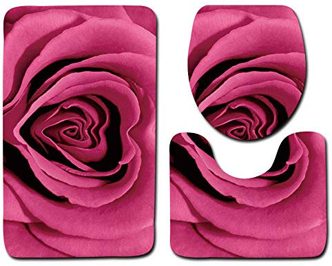 EU-VV Rutschfeste Bad-WC-Matte + U-Form Mat + WC-Sitzbezug,Künstlerisches Bild Fußmatte Bodenmatte Saugfähige Matten Badteppich Schlafzimmer Wohnzimmer Küche Dekoration (Pink)