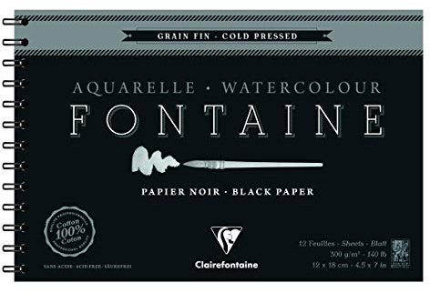 Clairefontaine - Ref 975310C - Fontaine Cold Pressed Black Watercolour Wirebound Pad (12 Sheets) - 12 x 18cm Size, 300gsm Paper - Suitable for Watercolour Artwork
