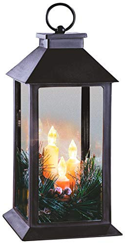 28cm Christmas Lantern With 3 Flickering LED Electric Candles - Warm White Glow Black Tall Square Frosted Snowy Pine Needles Red Berries