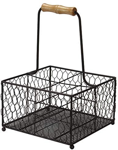 4 Bottle Holder | Milk Crate | Wine Carrier with Wooden Handle | Wire Condiment Caddy | Dining Table Storage Basket | Rustic Home Decor | M&W