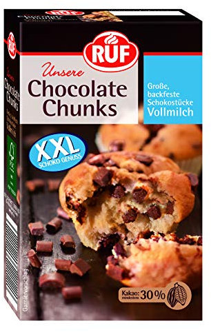 RUF Chocolate Chunks Vollmilch, backfeste Schokoladen-Tropfen, XXL Schoko-Drops zum Backen, Schoko-Stücke für Muffins & Brownies, glutenfrei, 1 x 100g