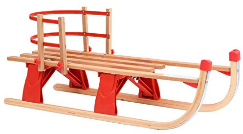 Tidyard Klappschlitten mit Rückenlehne Holzschlitten Rodelschlitten Schlitten 119 x 37 x 45 cm Holz und Kunststoff Beige und Rot