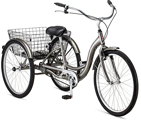 Schwinn Meridian Adult Tricycle, 26 Inch Bike for Women and Men, Single-Speed Adult Trike, Low Step-Through Frame, Springer Cruiser Seat, Upright Riding Position, Bike with Basket, Tricycle for Adults