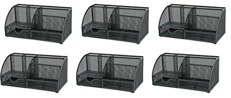 Osco Large Wiremesh Desk Organiser, Metal Mesh Pen Pot Desk Tidy with 7 Compartments & Single Drawer, Desktop Stationery Storage for Office & Home, 6 Pack, Graphite