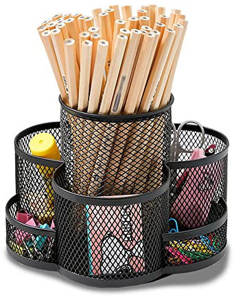 360° Drehbar Schreibtisch Organizer, Drehbar Stifteköcher, Kreativ Stifthalter, Hohe Kapazität, mit 7 Fächer und Rutschfester Gummi Matte, für Büroaufbewahrung, Schminktisch (Schwarz)