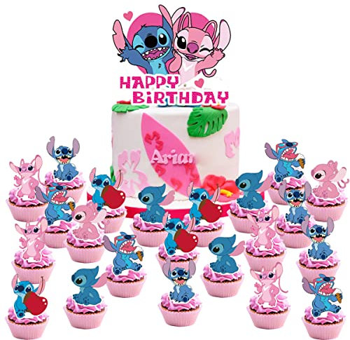 25pc Pink Lilo and Stitch Cake Toppers, Girl Lilo and Stitch Birthday Party Cake Decorates