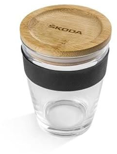 Skoda 000069601CB Glasbecher Trinkglas Getränkeglas Bambusdeckel Becher Glas 300ml, Transparent