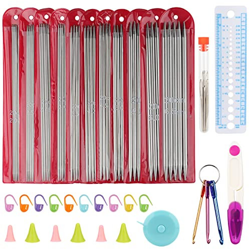 Coopay Metall Stricknadeln Set, 2,0-6,5 mm Edelstahl Doppelspitzig Stricknadel mit Strickzubehör, 55 Stück Nadelspiel Set und Werkzeug, 20 cm Kurze Gerade Stricknadeln für Socken und Kleine Projekte