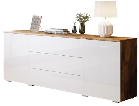 Mirjan24 Kommode Bevrato 150 mit 3 Schubladen und 2 Türen, Sideboard, Anrichte, B:H:T: 150x68x39 cm, Highboard, Mehrzweckschrank, Wohnzimmer (Wotan/Weiß Hochglanz)