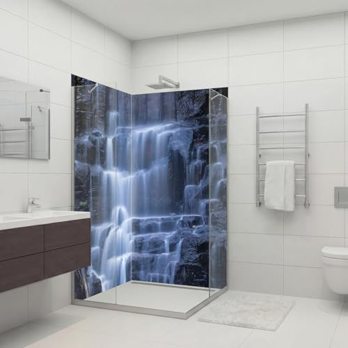 dedeco Eck-Duschrückwand wasserfest Motiv: Wasserfall V17, UV-Lack glänzend, 2x 100x210 cm, Badrückwand zum Fliesenersatz, Dekorwand, Wandverkleidung und Duschplatte aus Aluminium - Made in Germany