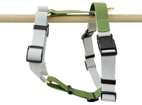 Hey Lana Hundegeschirr Handmade, 5-Fach verstellbar & wasserfest, Made in Germany, kleine bis sehr große Hunde, Führgeschirr Brustgeschirr Führungsgeschirr Hund Training (S, grau/grün)