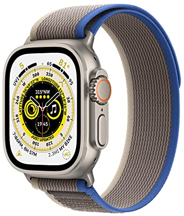 Apple Watch Ultra (GPS + Cellular, 49mm) Smart watch - Titanium Case with Blue/Grey Trail Loop - S/M. Fitness Tracker, Precision GPS, Action Button, Extra-Long Battery Life, Brighter Retina Display
