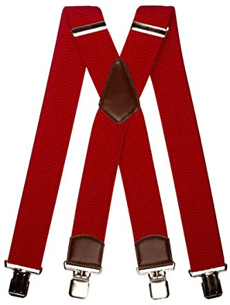 Olata Extra Breite Herren Hosenträger X-Form mit Braun Leder – 5 cm. Rot