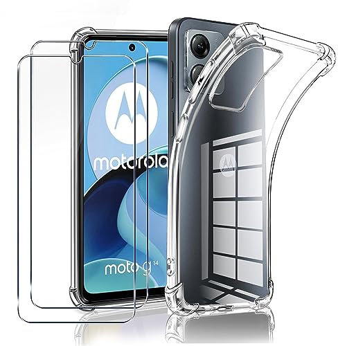 LYJERRY Carcasa para Motorola Moto G14 Capa + 2Pcs Cristal Templado para Motorola Moto G14 Funda Cover Silicona Caja Capa Caso Case Protector Pantalla Transparente