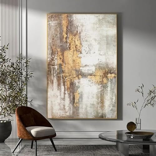 BIEMBI Großes abstraktes Ölgemälde in Beige-Gold-Grau für Wohnzimmer, große Gemälde mit Goldrahmen, fertig zum Aufhängen, skandinavische Wandkunst, 70 x 100 cm, Rahmen