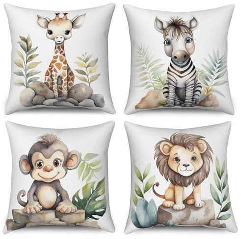 ASDCXZ Kinder Kissenbezug 45x45 cm 4er Set, Niedlich Tier Löwe Giraffe Zebra AFFE Sofa Dekokissen Kissenbezüge Kissenhülle Waschbar Polyester Flachs Textil Outdoor Kopfkissenbezug Kissen Bezug