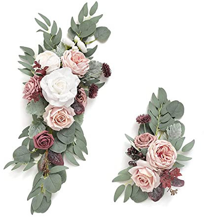 CDQL 2-teiliges Hochzeits-Willkommensschild mit Blumendekoration – Künstliche Blumengirlande, Hochzeitsbogen-Dekoration – Hochzeitsblumengirlande für Hochzeitszeremonie und (Sekt)