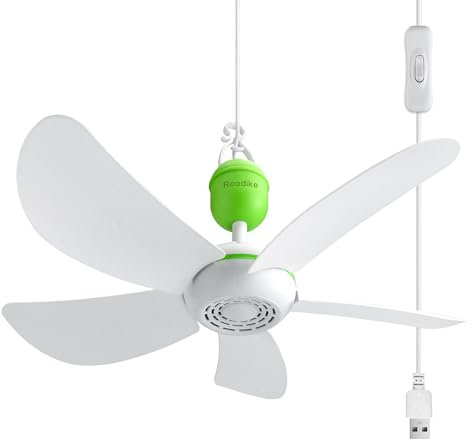 Roodike Mini ventilateur de plafond USB pour tente, 43,2 cm, ventilateur de plafond portable à suspendre pour tonnelle ou camping-car, cordon de 4 m de long avec bouton marche/arrêt, CC 5 V, vitesse