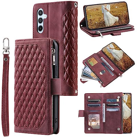 HOUSIM Handyhülle für Samsung Galaxy A15 Hülle mit Geldbörse Reißverschluss Kartenfach Klapphülle Schutzhülle Klappbar Leder Tasche Wallet Flip Case Cover Handytasche -Rot