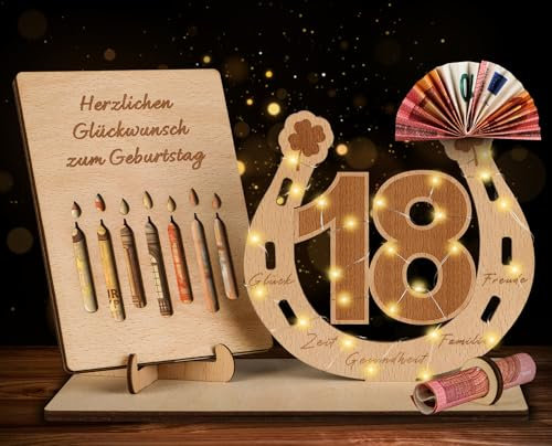 TUZELIYA 18th Birthday Girls Boys - Money Gifts Birthday Wooden with LED Fairy Lights - Creative 18th Birthday Decoration - 18th Birthday Gift Guest Book Gift Ideas