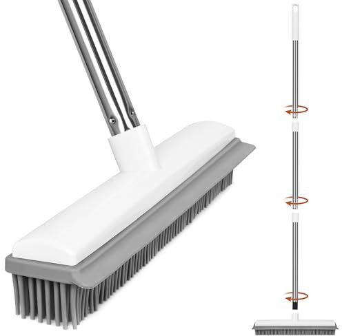 Rubber Broom, Carpet Rubber Brush with Squeegee, Adjustable Long Handle Floor Sweeping Brush Indoor Soft Broom for Pet Hair Hardwood Tile Windows Clean